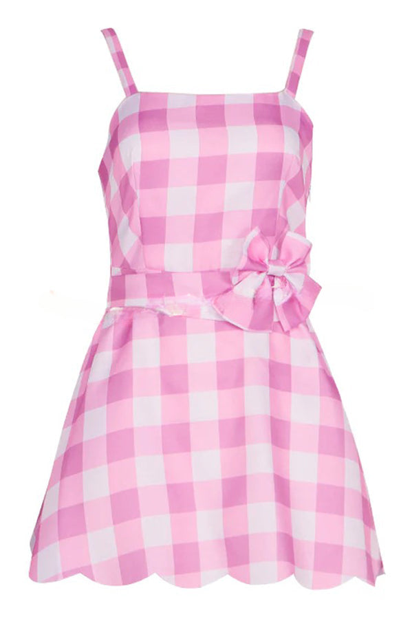 Barbie Pink Plaid Printed Bow Tie Mini Dress