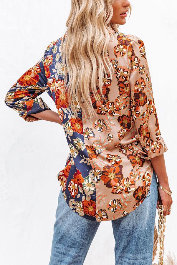 Floral Insight Two Tone Satin Button Down Blouse