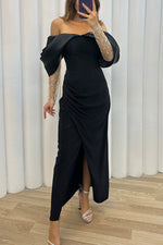 Exciting Event Tulle Off Shoulder Embellished Mesh Sleeve Ruched Maxi Dress