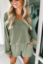 Corded V Neck Slouchy Top & Pocketed Shorts Set