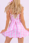 Barbie Pink Plaid Printed Bow Tie Mini Dress