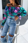 Colorful Botanical Print Sexy Off-shoulder Ruffle Top