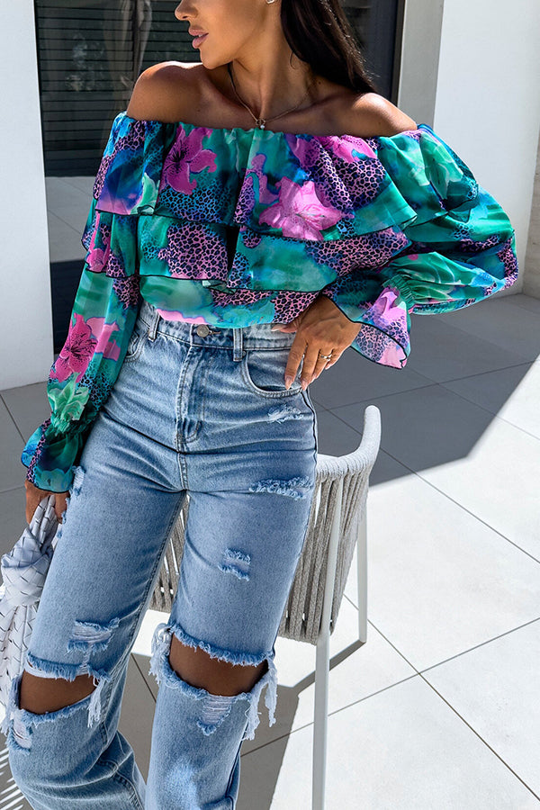 Colorful Botanical Print Sexy Off-shoulder Ruffle Top