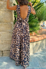 Lisa Leopard Print Back Tie-up Tank and Elastic Waist Pleated A-line Maxi Skirt