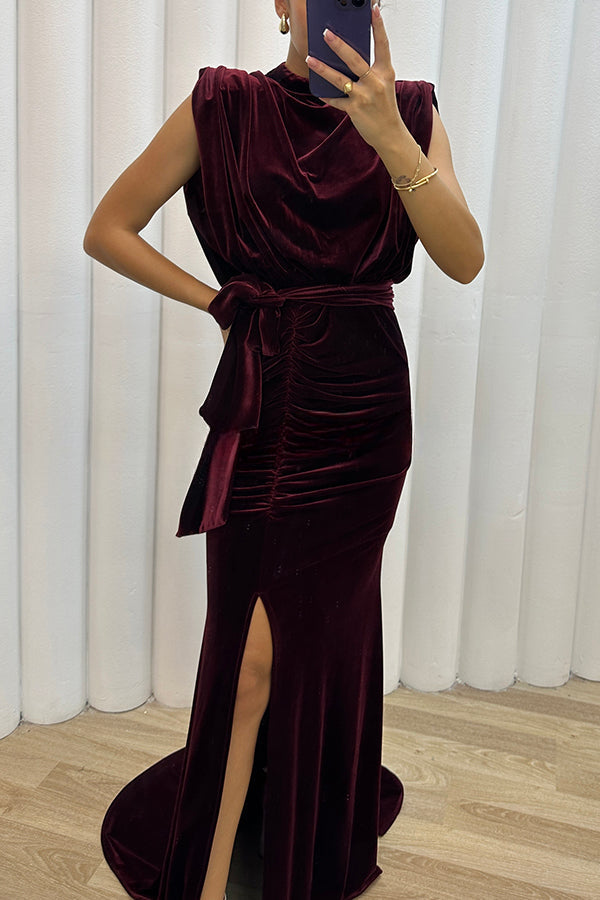 Milan Muse Velvet Padded Shoulder Ruched Belt Slit Maxi Dress