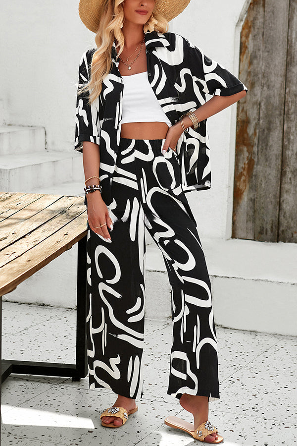 Irregular Printed Button Pocket Long Sleeved Shirt and Elastic Waist Pants Set