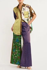 Nia Satin Unique Print Patchwork Elastic Waist Pocketed Wide Leg Pants