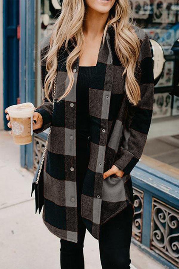 Lapel Plaid Long Sleeve Coat