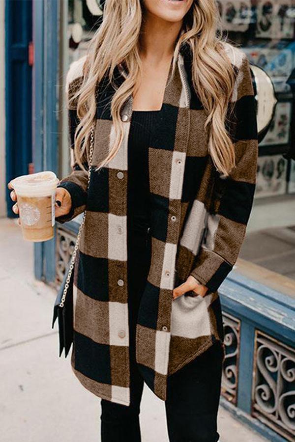 Lapel Plaid Long Sleeve Coat