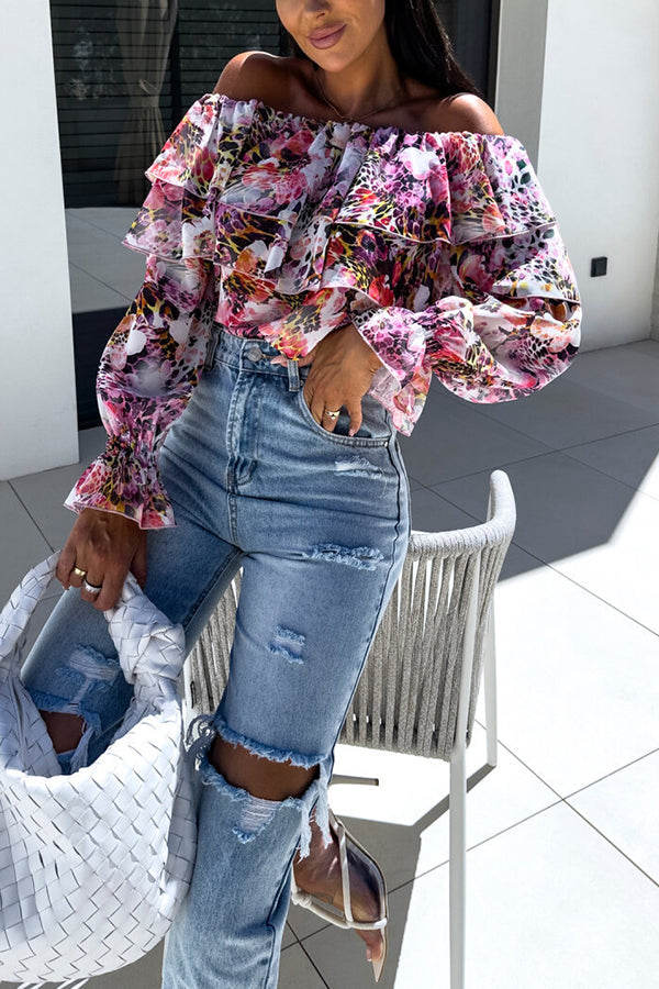 Colorful Botanical Print Sexy Off-shoulder Ruffle Top