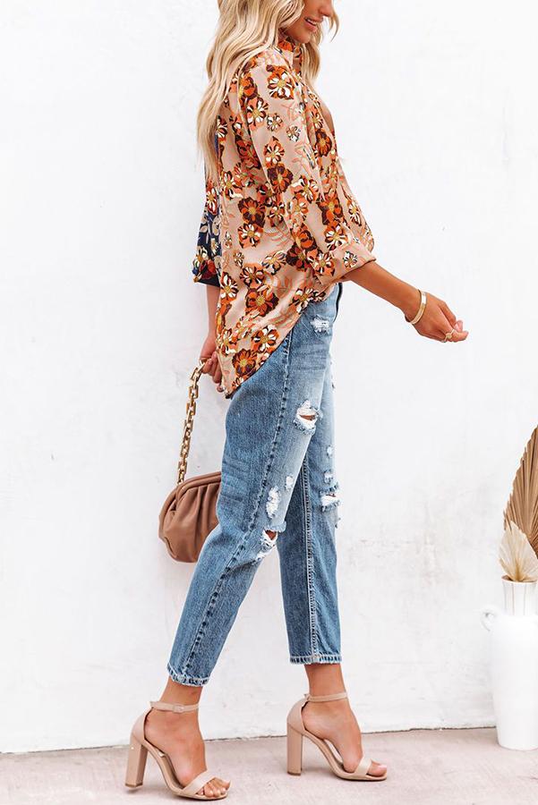 Floral Insight Two Tone Satin Button Down Blouse