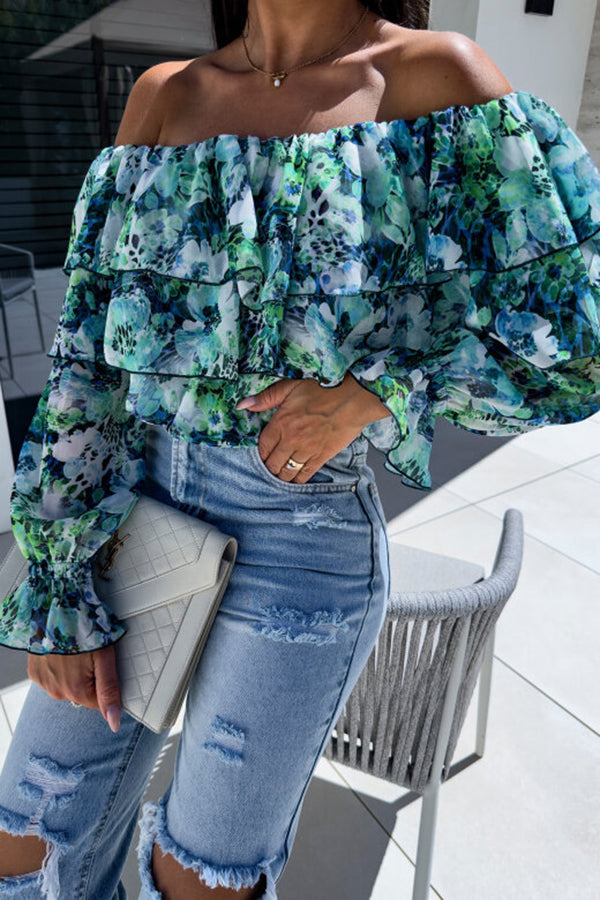 Colorful Botanical Print Sexy Off-shoulder Ruffle Top