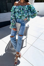 Colorful Botanical Print Sexy Off-shoulder Ruffle Top