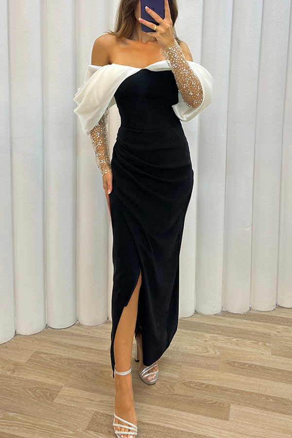 Exciting Event Tulle Off Shoulder Embellished Mesh Sleeve Ruched Maxi Dress