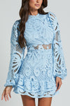 Solid Color Hollow Long-sleeved Waisted Lace Mini Dress