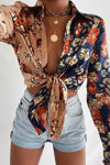 Floral Insight Two Tone Satin Button Down Blouse