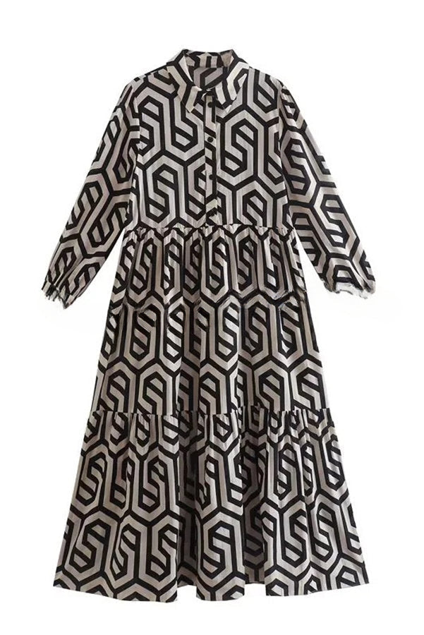 Marley Geometric Figure Print Loose Shirt Midi Dress