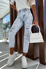 Jeanne Star Print High Rise Distressed Slim Straight Denim