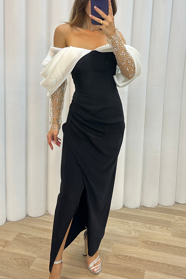 Exciting Event Tulle Off Shoulder Embellished Mesh Sleeve Ruched Maxi Dress