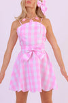 Barbie Pink Plaid Printed Bow Tie Mini Dress