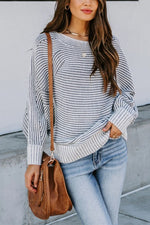 Knitted Striped Round Neck Dolman Sleeve Casual Loose Sweater