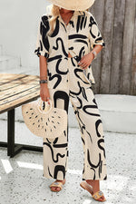 Irregular Printed Button Pocket Long Sleeved Shirt and Elastic Waist Pants Set