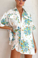 Carefree Linen Blend Floral Print Ivory Trim Pocketed Blouse and Back Elastic Shorts Set