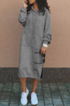 Solid Color Casual Hooded Lace-up Pocket Sweatshirt Style Midi Dress