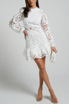 Solid Color Hollow Long-sleeved Waisted Lace Mini Dress