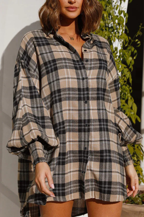 Mixed color plaid lantern sleeve long sleeve shirt