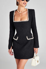 Women's Trendy Sophisticated Glamorous Tweed Fabric Pearl Trim Long Slit Sleeve Pocketed Mini Dress