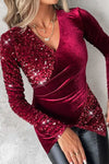 Contrast Sequined Velvet Paneled Long Sleeved Top