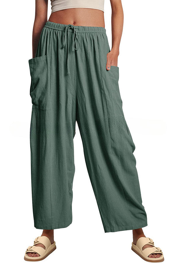 Diani Linen Blend Drawstring Waist Pocketed Loose Pants