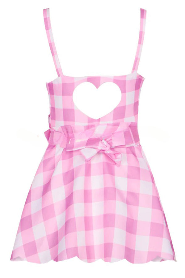 Barbie Pink Plaid Printed Bow Tie Mini Dress