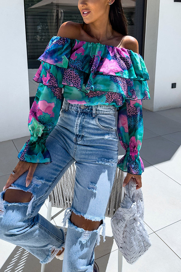 Colorful Botanical Print Sexy Off-shoulder Ruffle Top