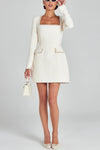 Women's Trendy Sophisticated Glamorous Tweed Fabric Pearl Trim Long Slit Sleeve Pocketed Mini Dress