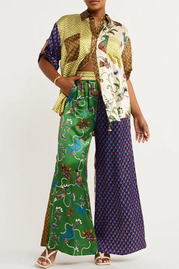 Nia Satin Unique Print Patchwork Elastic Waist Pocketed Wide Leg Pants