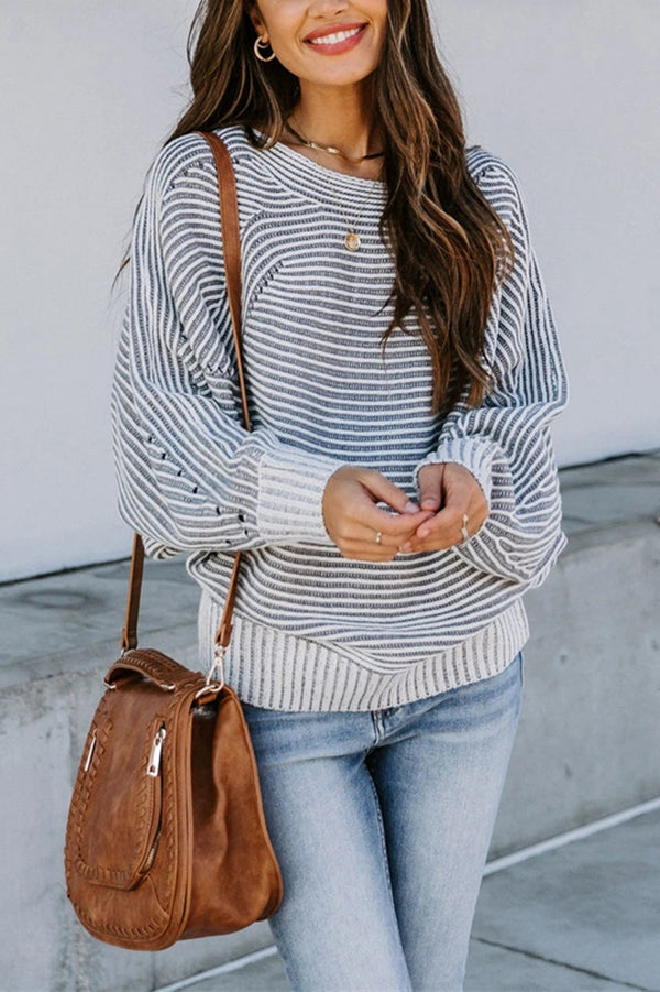 Knitted Striped Round Neck Dolman Sleeve Casual Loose Sweater