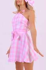 Barbie Pink Plaid Printed Bow Tie Mini Dress