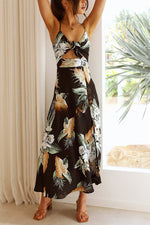 Free Spirited Style Floral Boho Front Tie Neck Slit Midi Dress