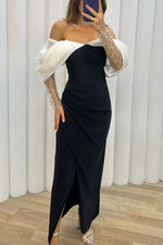 Exciting Event Tulle Off Shoulder Embellished Mesh Sleeve Ruched Maxi Dress