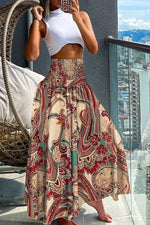 Unique Printed Pleated Elastic Waist Holiday Casual Maxi Skirt