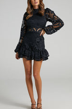 Solid Color Hollow Long-sleeved Waisted Lace Mini Dress