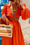 Orange Summer Cut Out Waist Balloon Sleeve Maxi Dress