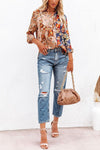 Floral Insight Two Tone Satin Button Down Blouse