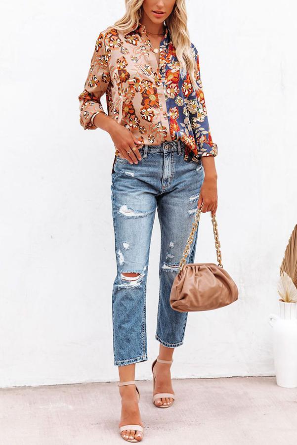 Floral Insight Two Tone Satin Button Down Blouse