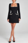 Women's Trendy Sophisticated Glamorous Tweed Fabric Pearl Trim Long Slit Sleeve Pocketed Mini Dress