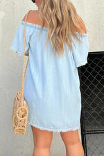 Fashionable Off Shoulder Short-sleeved Loose Denim Mini Dress