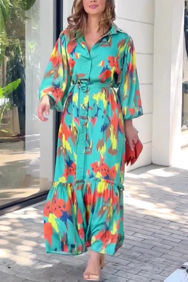 Multicolor Printed Lapel Balloon Sleeves Tie-waist Maxi Dress