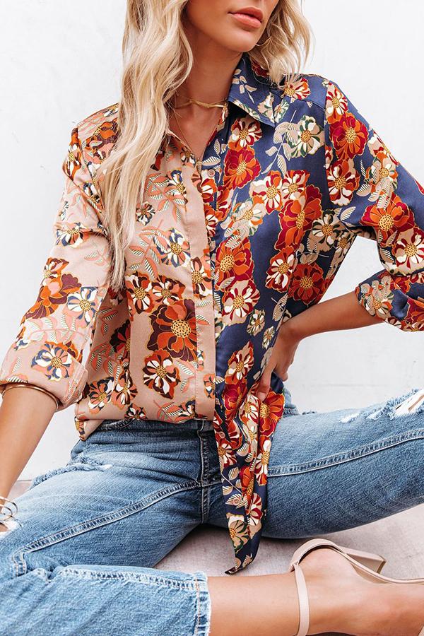 Floral Insight Two Tone Satin Button Down Blouse